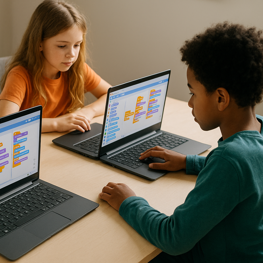 Kids using block-programming Kids using block-programming