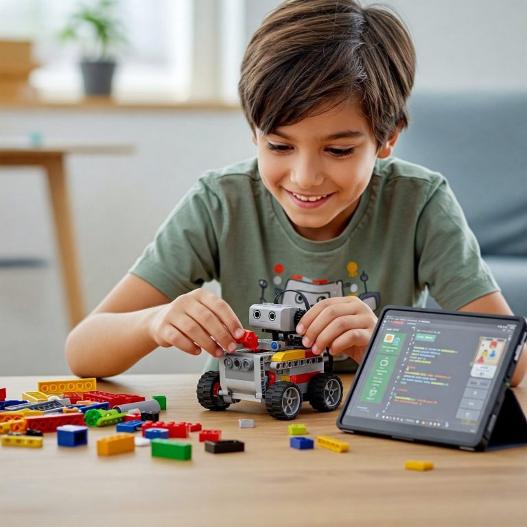 A boy building Lego based robot A boy building Lego based robot
